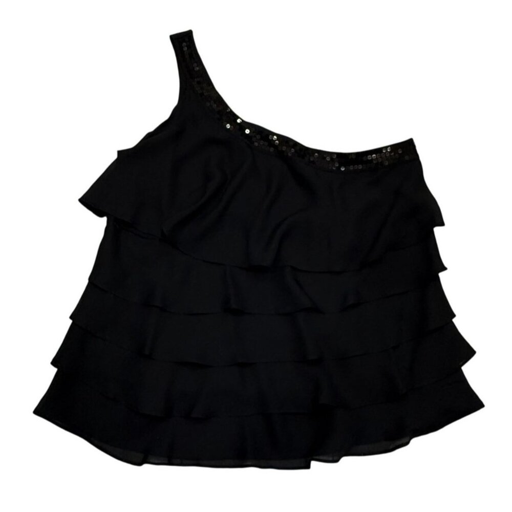 Lane Bryant Womens One Shoulder Black Ruffled Sequin Trim Tank Top Size 20 Party
